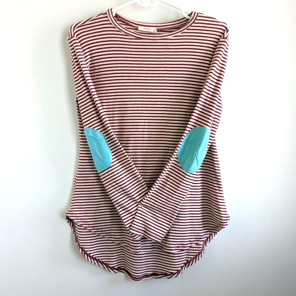 Cherish Long Sleeve T-shirt Tunic - Striped w/ Elbow Pads! Burgundy & Mint